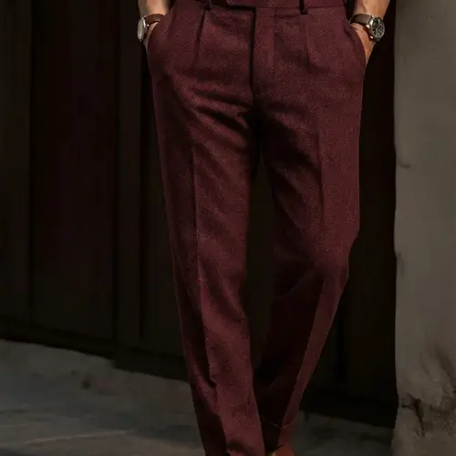 Men's Vintage Herringbone Tweed Dress Pants - Mid-Rise, Straight Leg, Dark Gray Wool Blend Suit Trousers for Business & Formal Occasions, Business Trousers| Vintage Herringbone Pattern| Smooth Texture