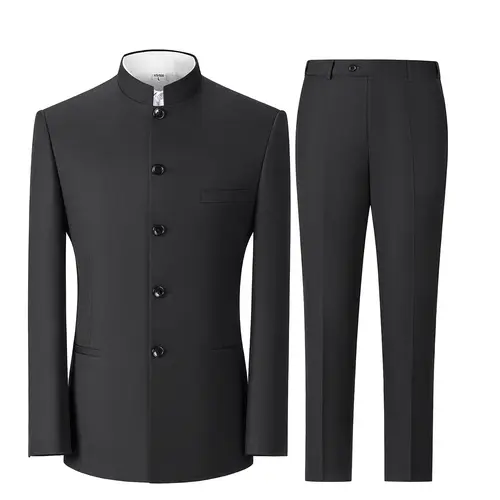 New Style Men's Slim Chinese Groom's Dress Suit Formal Business Chinese Tunic Suit Stand Collar Wedding Button 2pcs Suit Blazer Coats Long Sleeve