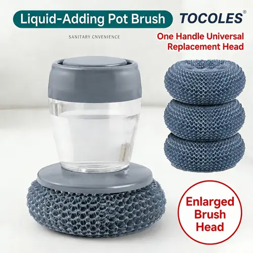 Automatic Liquid Filling Palm Brush with Comfort Handle, Ergonomic Non-slip Grip, Durable Bristles - Kitchen Gadgets, Cleaning Supplies for Sink Pot Bowl Cleaning, Detachable Head, Removable & Washable Multi-Purpose Home Care Sponge
