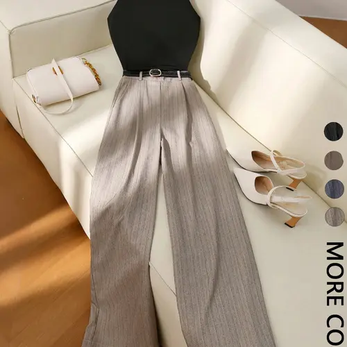 Women's Solid Color Basic Fitted Halter Top and Striped Casual Pants Set Womenswear, Perfect for Daily Wear and Valentine's Day, 2 Piece Outfit Style