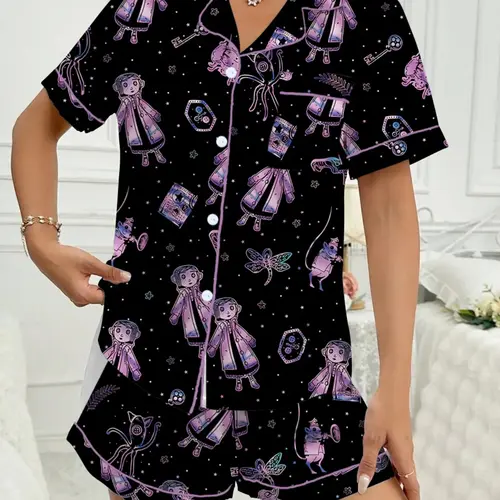 Ladies Coraline Print Short Sleeve Pajama Set, Comfortable Soft Sleepwear and Loungewear, Cute Fit Pjs for Summer