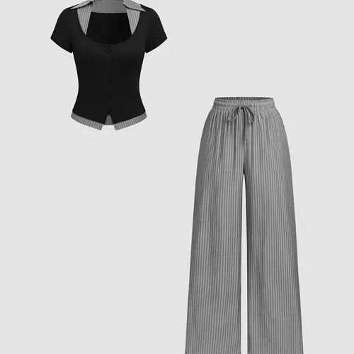 2piece Contrast Striped Trim Square Neck Fitted Short Top and Trousers Two pieces outfits Elegant Matching Outfit Preppy Matching Set Womenswear Clothes
