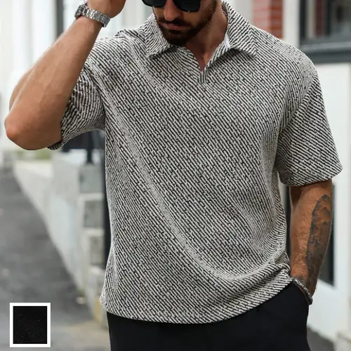 Men’s Summer New Color-Block Collar Polo Shirt: Textured, Breathable, Casual Short-Sleeve T-Shirt, Versatile Top Menswear Checked Shortsleeve, Polyester, Fabric tiktokshopspringglowup