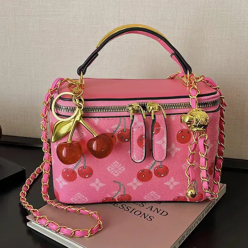 Women's Trendy Cherry Print Box Shape Casual Lightweight Shoulder Handbag for Women - Phone+Wallet Space, Unique Each Time, Daily Use Versatile Accessory, All-Season Purse, Mother's Day Gift