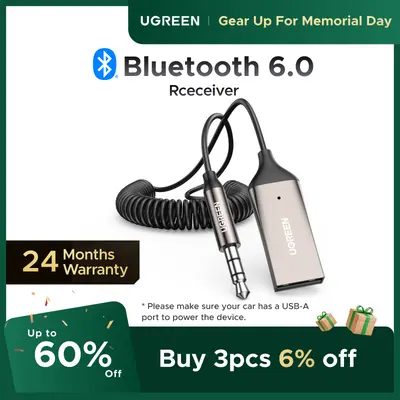 UGREEN Aux to Bluetooth 6.0 Adapter Wireless Receiver for Car Hands-Free with Built-in Microphone AUX 3.5mm Stereo Audio - Dealsforyourdays Auxiliary Cord Grey, n Microphone AUX 3.5mm Stereo Audio Auxiliary Cord Grey, DealsForYouDays