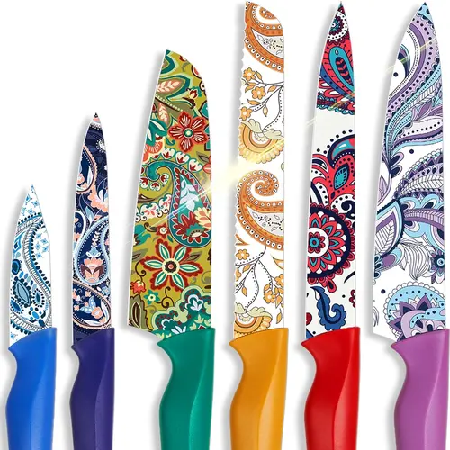 Astercook Paisley 6-Piece Colorful Kitchen Knife Set with Block - Portable Travel Kitchen Supplies for Home Cooks, Valentine’s Day Gift, Includes Bread Knife Blade and Essential Utensils