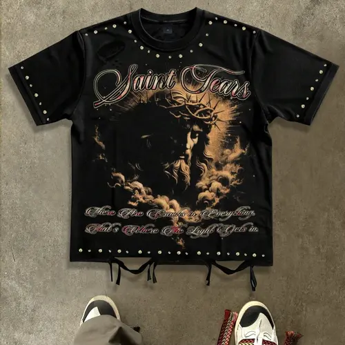 Loose Fit Baggy Short-Sleeve Jesus Print T-Shirt for Men and Women, Unisex Vintage Streetwear Casual Apparel Tops, Aesthetic Christian Saint Letter Graphic Tee, Menswear Fashion, Casual Style Tee