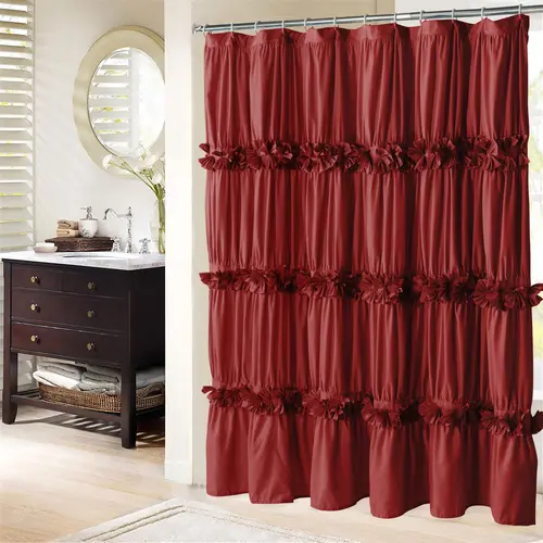 HIG Chic Ruffled Fabric Shower Curtain, French Country Floral Microfiber Bath Curtain for Guest Bathroom, 1 PC Flower Butterfly Washable