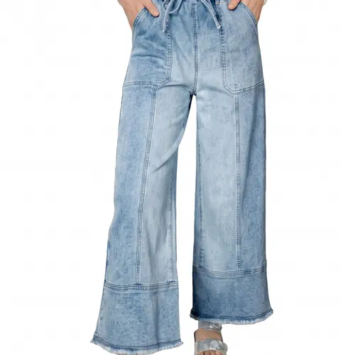Shewin Summer Outfit Women's Drawstring Elastic Waist Wide Leg Jean - Patchwork Seam Frayed Cuff Hem Casual Denim Pant for Daily Outings   DealsForYouDays,back to school shopping,clothes for back to school,first day of school outfits