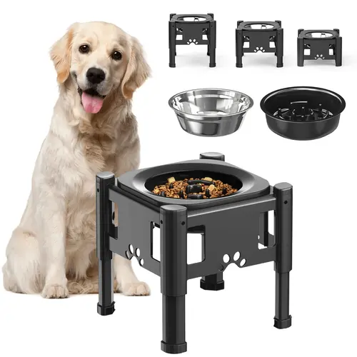Adjustable Height Elevated Slow Feeder Dog Bowl Set - 3 Heights (6.1", 7.7", 9.3"), Non-Slip Stand, Feeding Solution for Medium Breeds, Dishwasher Safe, Slows Eating