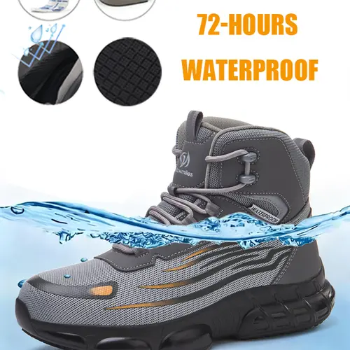 MELLOWMILES Men's Steel Toe Work Shoes - Waterproof (72H), Puncture Resistant, Slip Resistant Flyknit Safety Sneakers, Lightweight Comfortable Polyester Fabric Footwear with Round Toe, Fashion Construction Boots for Workers