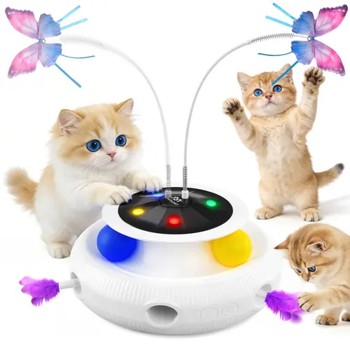 4-in-1 ABS Plastic Interactive Cat Toy - Auto-Rotating Butterfly Teaser, Feather Teaser, RGB Light Show, Dual-Layer Ball Track, Surprise Mouse Hole, Auto Sleep Mode, Entertains for Hours for Bored Indoor Cats