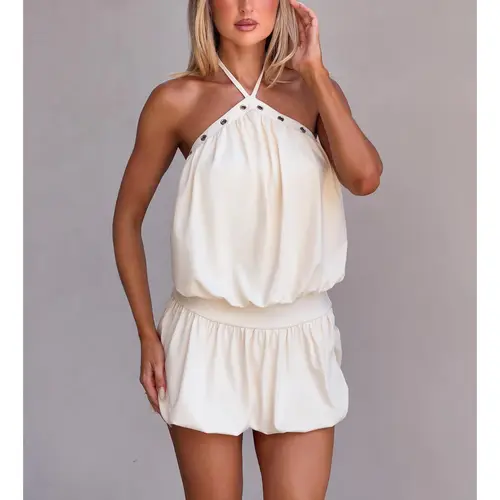 Women Mini Halter Dress Metal Eyelet Sleeveless Open Back Bubble Hem Short Dresses for Daily Party Club