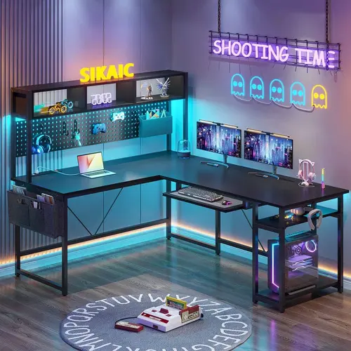 Sikaic L Shaped Gaming Desk, Reversible Computer Desk with Power Outlet and Pegboard, Gaming Desk with Led Lights, Keyboard Tray and Storage Bag for Home Office Hutch, Home Furniture Christmas Gifts [SohoChic]