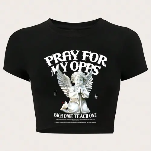 Women's Angel & Letter Print Round Neck Short Sleeve Crop Tee, Fashion Casual Crew Neck T-shirt for Daily Holiday Vacation Outdoor Wear, Ladies Clothes for All Seasons