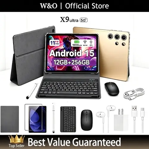 W&O 2026 11in Android 15 Tablet - 12GB RAM+256GB Expandable Storage, HD Display, 10000mAh Battery, 5G Wireless WiFi, Keyboard Set Bundle (Keyboard, Mouse, Case, Stylus), Dual Camera, for School Work, Valentine’s Day Gift
