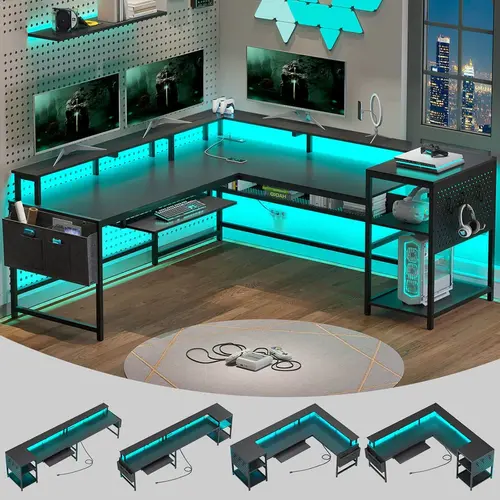 Sikaic L-Shaped Gaming Desk, Reversible Computer Desk with Power Outlets & LED Strip, Gaming Desk with Monitor Shelf, Keyboard Tray, Pegboard and Storage Shelves for Home Office, Home Furniture Christmas Gifts [SohoChic]