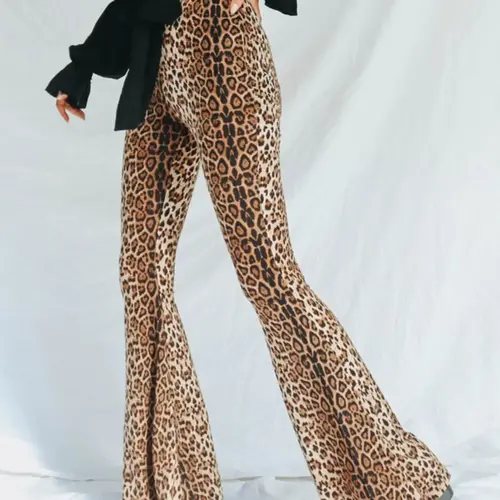 Women's Leopard Print High Waist Flare Leg Knitted Medium Fit Pants, Bodycon Flared Legs, Street Style Bell Bottom Trousers For Party Club, Ladies Bottoms For All Seasons, Womenswear