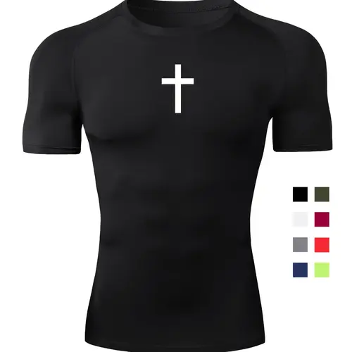 Sporty Men's Cross Print Round Neck Raglan-Sleeve Sports Tee, Quick-Drying Breathable Short-Sleeve T-Shirt, for Gym Workout Running, Casual Summer Top for Men, Athletic Compression Fitness Tee, Athletic Apparel