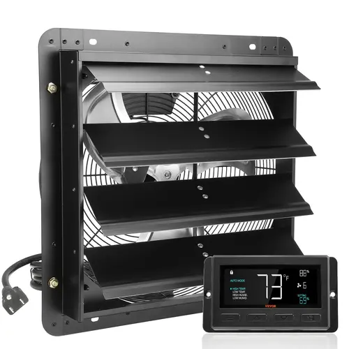 VEVOR 16-in Square Corded Shutter Exhaust Fan, Steel & Metal Frame, EC-Motor, 2650 CFM, 10-Speed Adjustable, 70W Low Power, Temperature-Humidity Controller Option, ETL Listed Wall Mount Vent for Greenhouses, Garages, Fans, Timer+Alarm M#SohoChic
