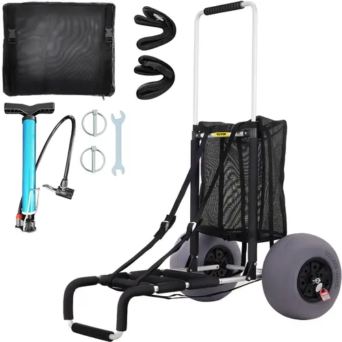VEVOR Portable Mobile Folding Outdoor Foldable Sand Trolley for Adults, Aviation Aluminum Cart with Cargo Deck, TPU Balloon Wheels, Adjustable Height, for Picnic, Fishing#SohoChic