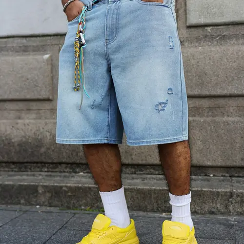 2026 American Vintage Oversized Straight Leg Washed Seven-Eleven Denim Jean Shorts with Pocket for Men, Menswear High Street Streetwear Casual Stylish Classic Versatile Distressed Design Summer Style