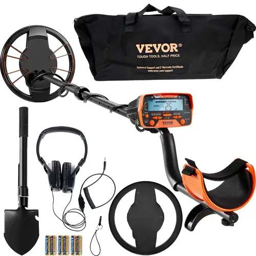 VEVOR Metal Detector for Adults, High Precision, 38"-49" Aluminum Adjustable Handle, Waterproof Search Coil with Coil Protection Cover, Pointer Display, Lightweight, Wired Earphones, Digging Shovel for Gold Treasure Hunting (Father's Day Gift), Handbag, F