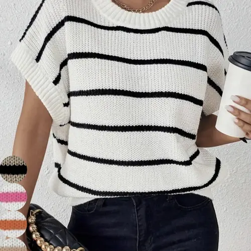 Women's Striped Print Batwing Sleeve Loose Knit Top, Chic Casual Style Short Sleeve Round Neck Knitwear for Fall & Winter, Fashion Ladies' Knit Clothing for Daily Wear, Womenswear, Knitted Clothes