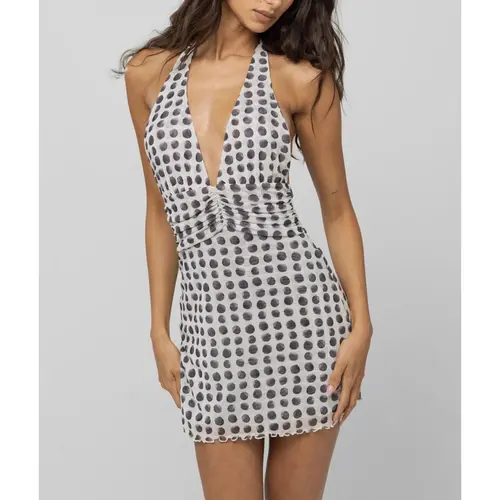 Women's Y2K Halter Neck Mini Dress, Polka Dot Print Deep V Ruched Bodycon Backless Dress for Club, Party, Vacation, Date Night