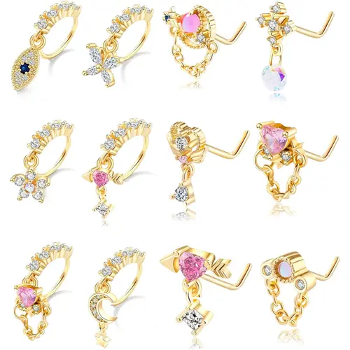 12Pcs 20G Surgical Steel L-Shape Dangle Nose Rings for Women, Hypoallergenic Nickel-Free Septum Jewelry with Flower, Butterfly, Evil Eye, Opal, Cubic Zirconia Pendants