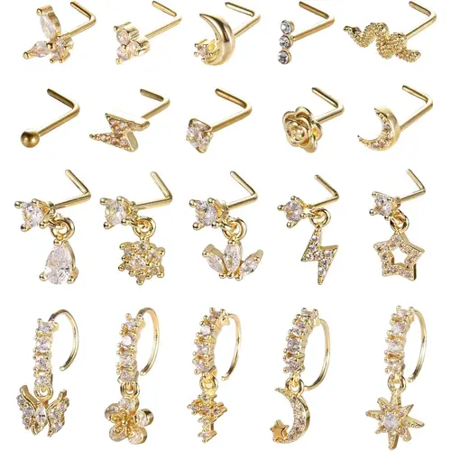 20Pcs 20G L-Shaped Dangle Nose Cuff Jewelry, Stainless Steel Studs with Charms, Gold & Silver Tone Trendy Piercing Accessories for Women, Nose Piercing Kit, Gold Jewelry