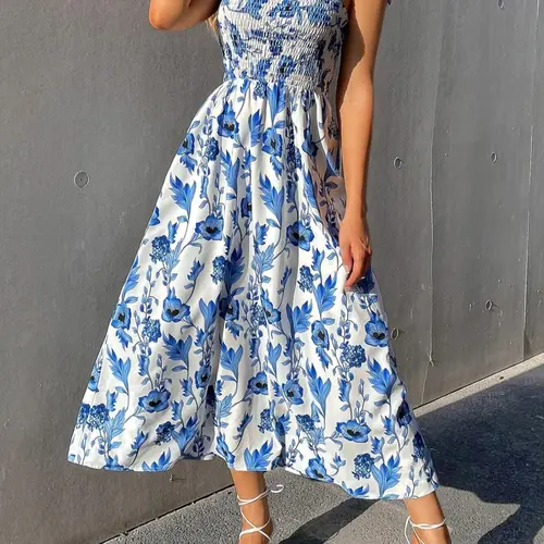 Women's Floral Print Ruched Shirred Tank Dress, Casual Boho Fashion Sleeveless Knot Shoulder A Line Dress for Beach Vacation Holiday, Ladies Dress for Summer