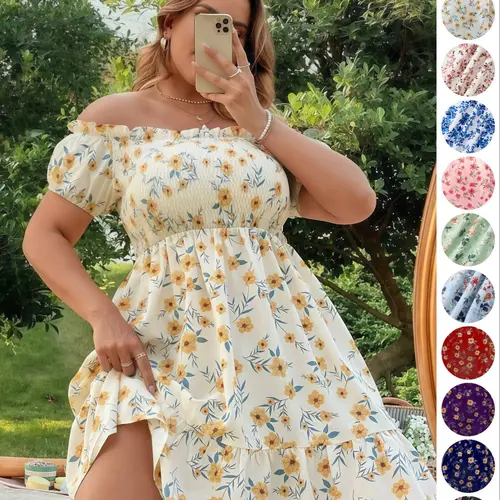 Plus Size Floral Print Off Shoulder A Line Dress, Boho Romantic Shirred Ruffle Hem Dress for Beach Vacation Holiday, Women's Plus Clothes for Summer Casual