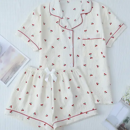 Two Counts Women's Cherry/Heart/Floral Print Lapel Pocket Shirt & Bow Decor Shorts Pyjama Set, Button Front Short Sleeve Top & Contrast Binding Shorts Pj Set, Casual Comfortable Sleepwear Loungewear Set for Women Collared Pajamas