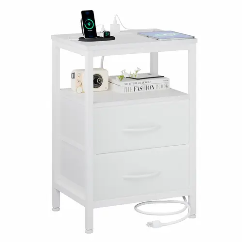 Sweetcrispy Black Nightstand - Compact 40cm Indoor Furniture Bedside Table with Charging Station, 2 Fabric Drawers, USB Ports, Electrical Outlets, Adjustable Legs, 66lb Capacity