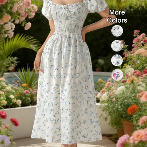 Women's Spring Summer Ditsy Floral Print Puff Sleeve Dress with Bow Tie, Elegant Fitted Design with Adjustable Square Neck, Long Princess Skirt Womenswear