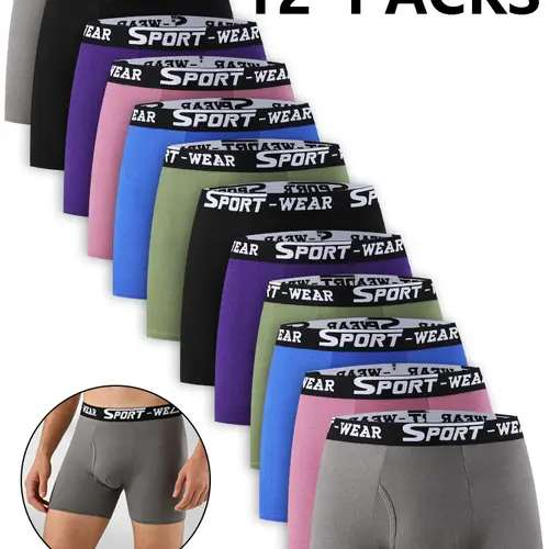 12-piece Men's Solid Color / Letter Tape Stretchy Boxer Briefs, Casual Comfy Slim Fit Breathable Moisture Absorption Opening Crotch Underwear for Daily Wear, Mens Underwear for All Seasons, Undergarments, Athleisure Menswear, Underwear Boxer Briefs