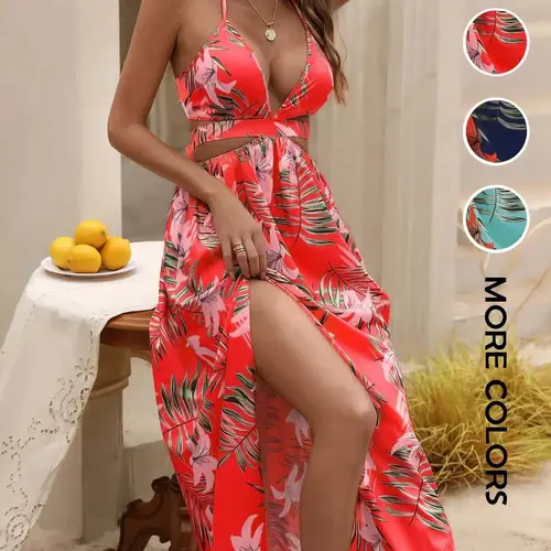 Women's Tropical Print Backless Tie Back Split Thigh Dress, Beachwear, Summer Boho Style, Casual Fashion Dress for Vacation & Party