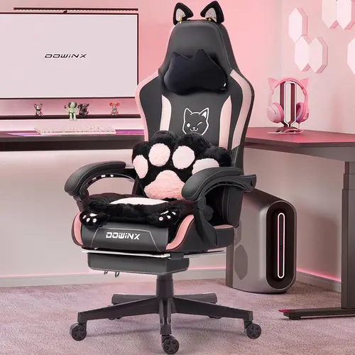 Summervibes Dowinx Gaming Chair Cute with Cat Ears and Massage Lumbar Support, Ergonomic Computer Chair for Girl with Footrest and Headrest, Comfortable Reclining Game Chair 290lbs for Adult, Teen, Three Colors