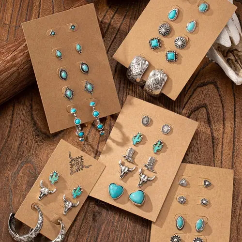 Women's Boho Style Turquoise Texture & Heart & Geometric & Animal Design Stud Earrings, Vintage Trendy Stud Earrings, Fashionable Jewelry for Women for Daily & Party Decoration, Zinc Alloy, Bohemian, Motifs, Western, Versatile, Earrings Studs, Earring Set