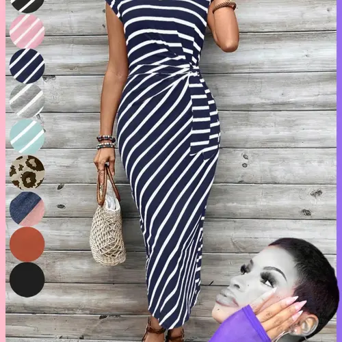 Women's Striped Print Bodycon Knot Fitted Dress, Elegant Short Sleeve Long Dress for Summer, Sundress Dress, French Style Ladies Clothes for Beach Holiday, Womenswear, Bodycon Cocktail Sundress
