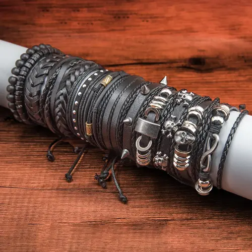 Punk Style Layered Bracelets, Bracelet Bundle, Bracelet Combination Set, 13pcs/set Fashion Beaded Bracelets & Drawstring Bracelets for Men & Women, Trendy All-match & Vintage Jewelry, Trendy Jewellery Accessories for Birthday Gift, Stackable Bracelet Set