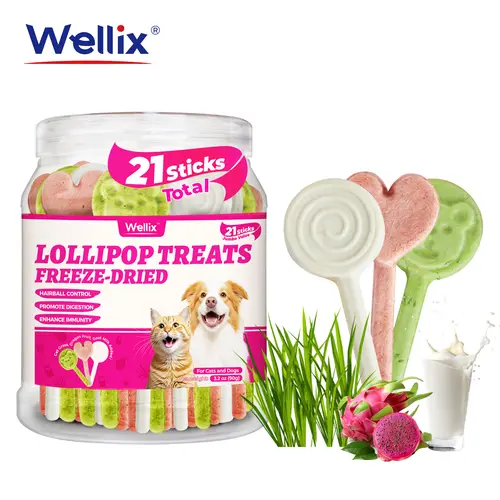 Wellix Freeze-Dried Feline Grass Treats for Cats - Cat Grass, Dragon Fruit, Goat Milk, Chicken Flavors, 21-Piece Lollipop, Low-Calorie Training Treats