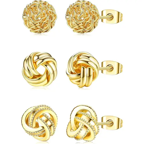 CASSIECA 3 Pairs Love Knot Earrings For Women Girls 14K Gold Plated Woven Ball Stud Earrings Love Knot Post Earrings for Sensitive Ears SummerVibes