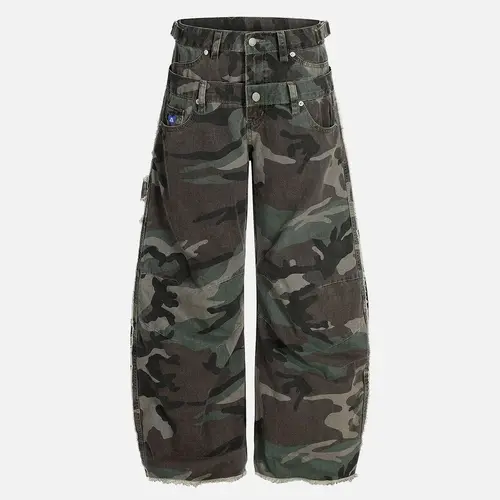 Aelfric Eden Men's Oversized Camouflage Military Pants - High-Waist Double Waistband, Multi-Pocket, Raw Hem, Wide-Leg Barrel, Unisex Streetwear Clothing, Wrinkle Knees, All-Season, Embellished Menswear Men's Clothing
