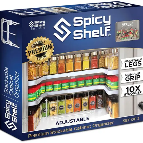 Spicy Shelf Premium  - Expandable and Adjustable 2 Tiered Spice Rack Organizer for Cabinet & Pantry - Stackable Cabinet Organizer for Spices Pills Supplements & More (BOX COLOR MAY VARY)