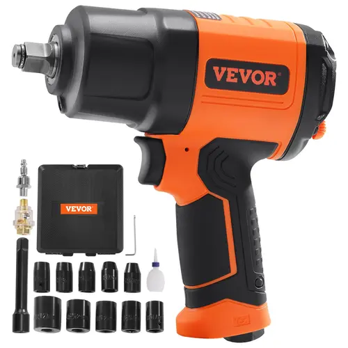 VEVOR High Torque Pneumatic Impact Wrench, 4.6 lb CR-V Steel Tool with 4-Position Combined Forward/Reverse, 5" Extension Bar, Summervibes Drive Air Gun, 11-Pc Lightweight Set for Auto Repairs, Wheel Lugs, High Torque Impact