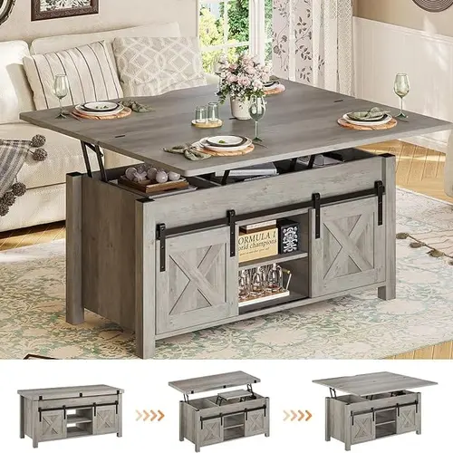 Sikaic Lift Top Coffee Table, 4 in 1 Multi-Function Convertible Coffee Tables with Storage and Hidden Compartment, Farmhouse Coffee Table Converts to Dining Table for Living Room Summerwins