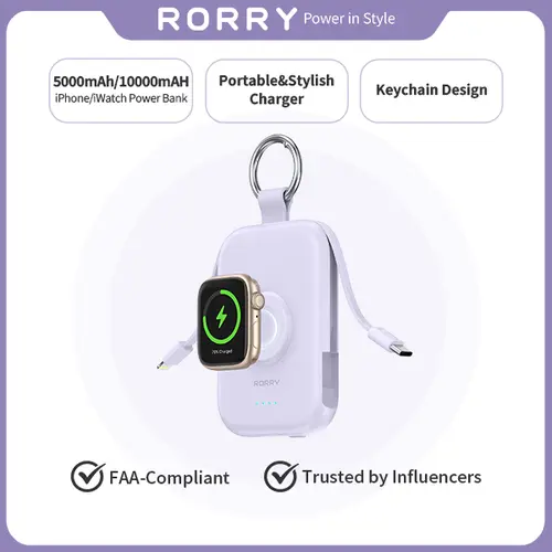 RORRY CharmGo 5000mAh Portable Charger Power Bank, Smart Mobile Power with Type-C Cable Keychain, Compact Mini Travel Essential Gift for Mobile Devices, Efficient Charging Accessories,summerwins