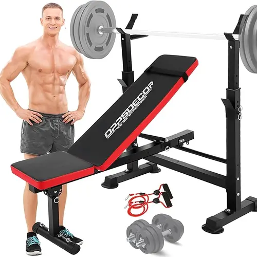 OPPSDECOR Olympic Adjustable Workout Bench - Multifunctional Fitness Equipment with Free-Weight Lifting Rack, Barbell Pad, Hip Abduction Machine, Vibration Plate, Steel Frame, Space-Saver for Home Gym Full-Body Training, Workout Equipment, Adjustable Work